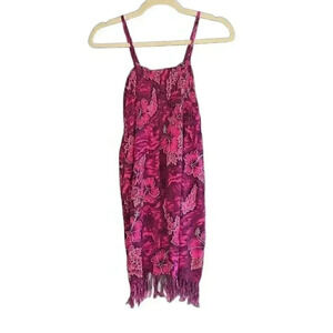 Indocraft Imports Indonesian Hibiscus Print Fringed Smocked Sleeveless Dress